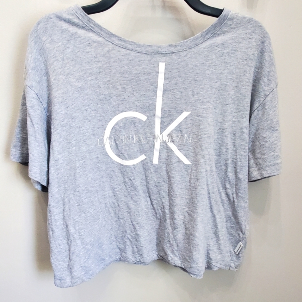 Calvin Klein Jeans Logo Heather Gray Oversized Boxy Crop Top - Picture 1 of 4